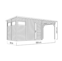 Illustration eines Gartenhauses mit Anbau, Seitenwand mit Fenstern, Tür und Maßangaben