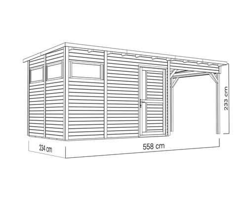 Illustration d''un abri de jardin avec annexe, paroi latérale avec fenêtres, porte et dimensions