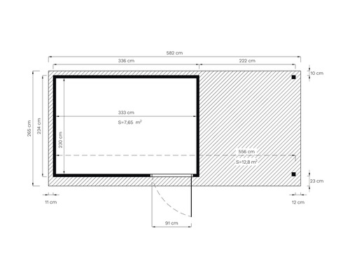 Plan avec dimensions en centimètres et indications de surface en mètres carrés