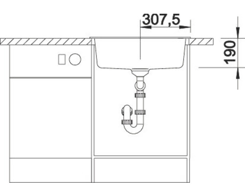 Technische Zeichnung einer Spüle mit Abmessungen