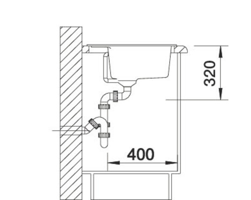 Technische Zeichnung einer Spüle mit Abmessungen