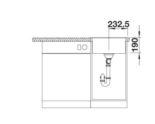 Schéma technique d''un meuble bas avec évier et indications de dimensions