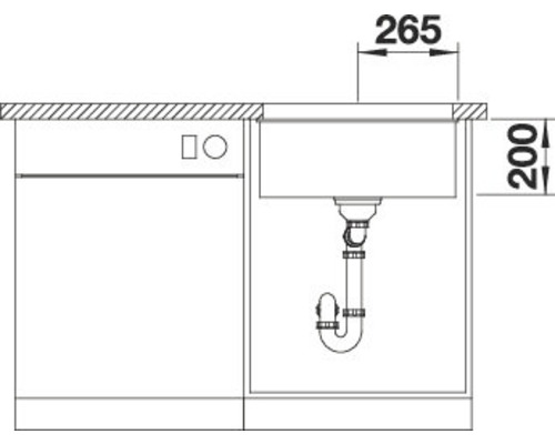Schéma technique d''un évier avec meuble sous-évier et lave-vaisselle avec indications de mesure