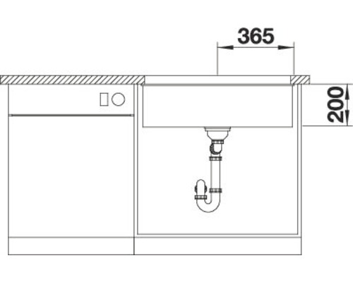 Skizze einer Spüle mit Maßangaben 365 und 200