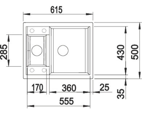 Zeichnung einer Spüle mit Massangaben