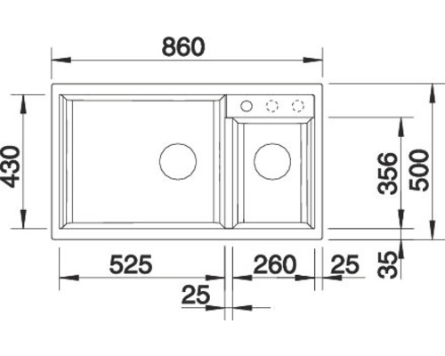 Skizze einer Spüle mit den Maßen 860 x 430 Millimeter