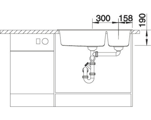 Dessin d''un évier avec les dimensions 300, 158 et 190 millimètres.
