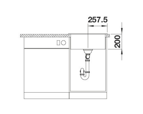 Zeichnung einer Küchenspüle mit Maßangaben