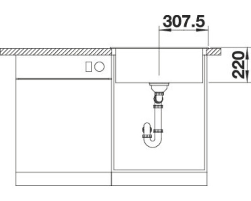 Skizze einer Spüle mit den Massen 307,5 und 220