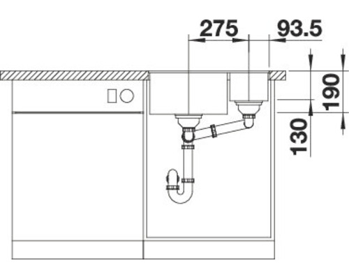 Schema einer Spüle mit Unterschrank und den zugehörigen Massangaben