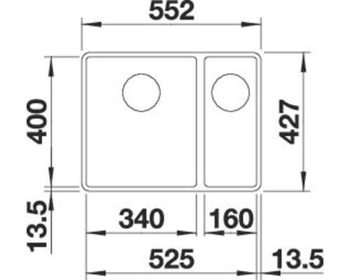 Technische Zeichnung einer Spüle mit Becken links und Abtropffläche rechts, Maße in Millimeter.