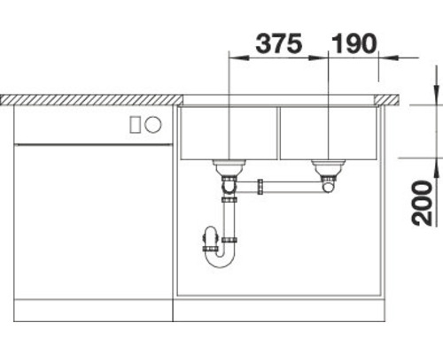 Technische Zeichnung einer Küchenspüle mit den Maßen 375 mm, 190 mm und 200 mm.