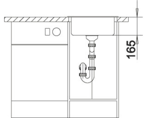 Dessin technique d''un meuble sous-évier avec siphon et indication de dimension 165
