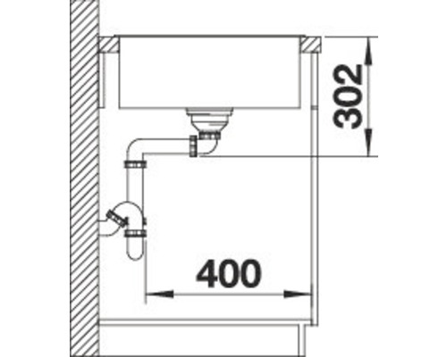 Schéma d''un évier avec siphon et dimensions de 400 et 302 millimètres.
