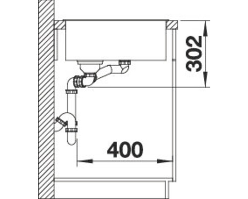 Skizze einer Spüle mit Siphon und den Maßen 302 und 400.