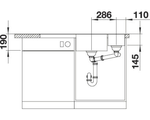 Schemazeichnung einer Spüle mit Spülbecken, Armatur und Siphon mit Massangaben