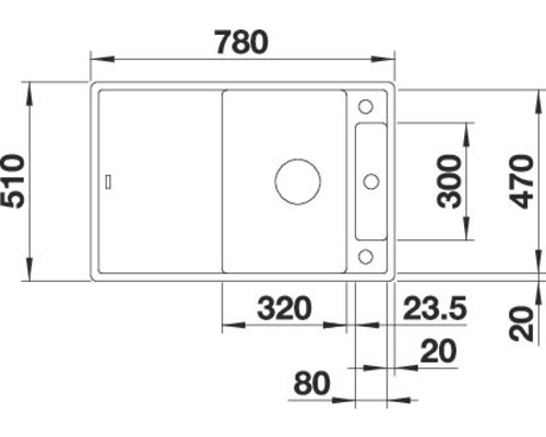 Masszeichnung einer Spüle mit den Massen 780 x 510 mm