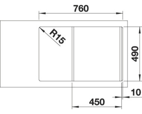 Technische Zeichnung einer Spüle mit den Massen 760, 490, 450, 10 und dem Radius R15.