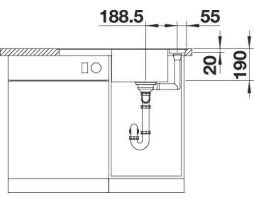 Technische Zeichnung einer Spüle mit den Massen 188,5 mm, 55 mm, 20 mm und 190 mm