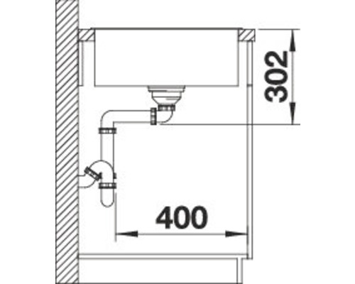 Skizze einer Spüle mit Siphon und Massangaben
