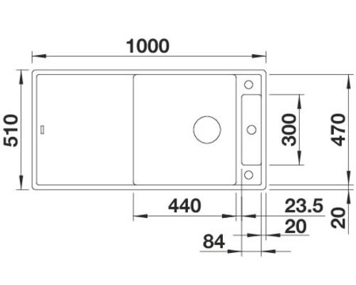 Zeichnung einer Küchenspüle mit Maßangaben.