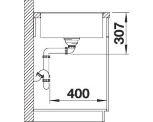 Technische Zeichnung eines Spülbeckens mit Siphon und Maßangaben