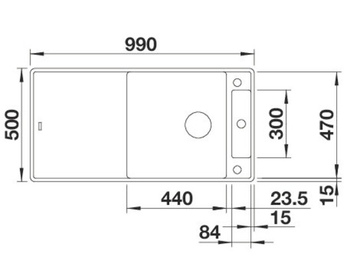 Technische Zeichnung einer Spüle mit den Maßen 990 x 500 Millimeter