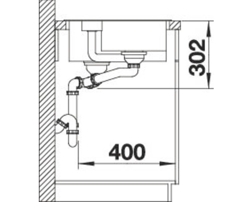 Skizze eines Spültischs mit Siphon und Maßangaben