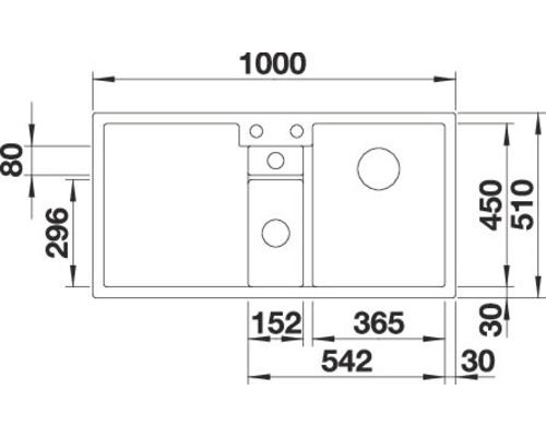 Technische Zeichnung einer Spüle mit den zugehörigen Maßen