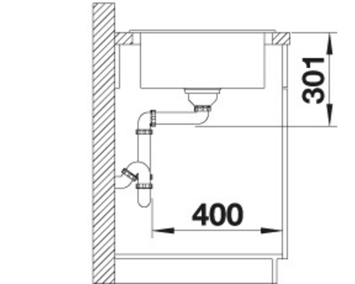 Installationszeichnung eines Spültischs mit Ablaufgarnitur und Massangaben
