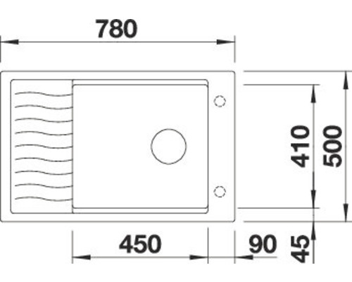 Technische Zeichnung eines Spülbeckens mit Maßangaben