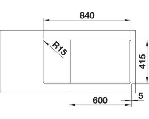 Technische Zeichnung eines Spülbeckens mit den Maßen 840, 415, 600 und einem Radius von 15