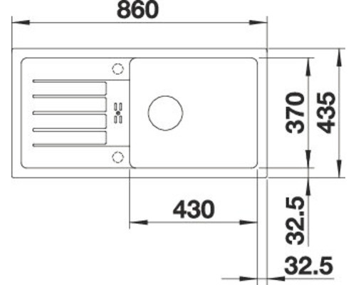 Zeichnung einer Spüle mit Maßangaben.