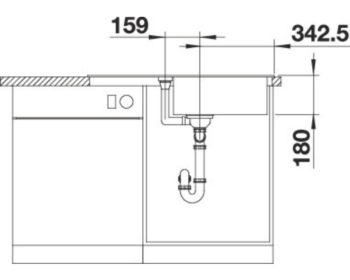 Skizze einer Spüle mit Maßangaben für den Einbau