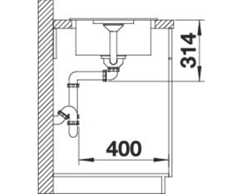 Skizze einer Spüle mit Ablaufgarnitur und Massangaben