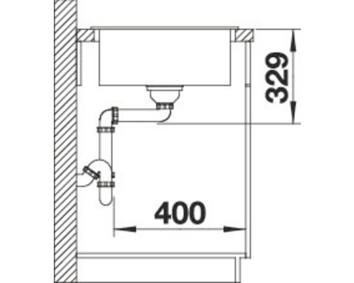 Installationszeichnung einer Spüle mit Siphon und Massangaben.