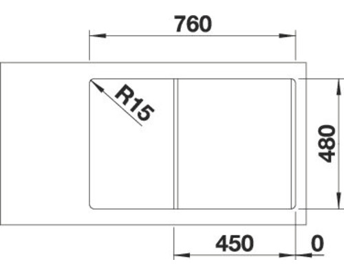 Technische Zeichnung eines Spülbeckens mit den Massen 760 x 480 mm