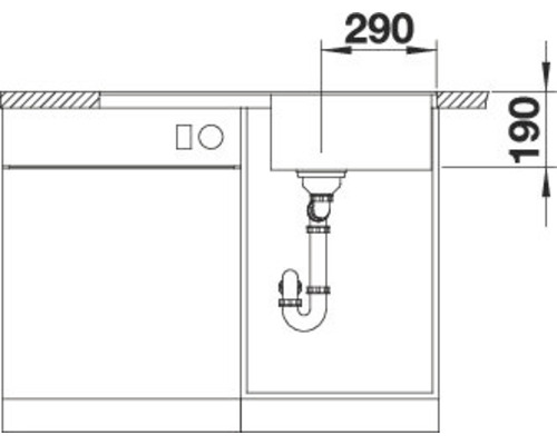 Zeichnung einer Spüle mit Abmessungen 290 und 190.