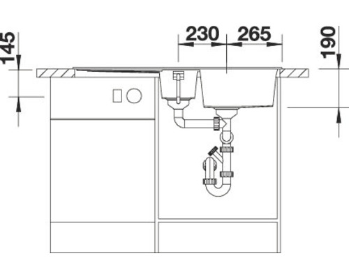 Technische Zeichnung eines Spültischunterschranks mit Abmessungen