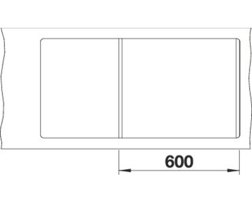 Schemazeichnung eines Spülbeckens mit einer Länge von 600 Millimetern