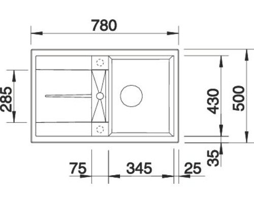 Dessin technique d''un évier avec les dimensions 780 x 500 millimètres