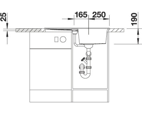 Zeichnung einer Küchenspüle mit Maßangaben für den Einbau