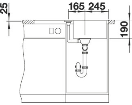 Technische Zeichnung eines Spülbeckens mit Massangaben