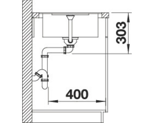 Technische Zeichnung eines Spülbeckens mit Abmessungen.