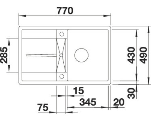 Zeichnung einer Küchenspüle mit Maßangaben