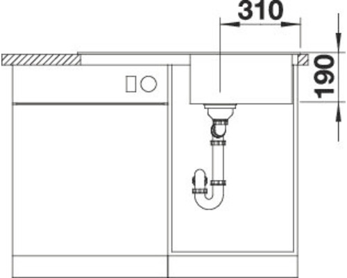 Skizze eines Spültischunterschranks mit den Maßen 310 mal 190 Millimeter.