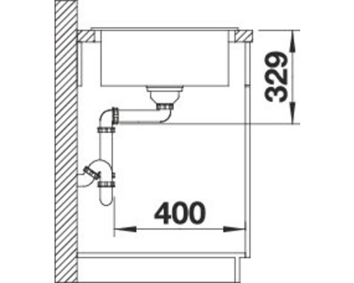 Skizze einer Spüle mit Siphon und Maßangaben