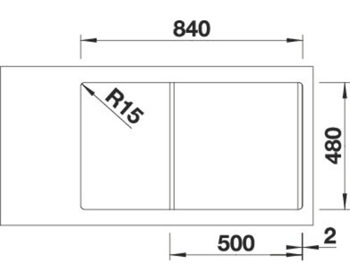 Technische Zeichnung einer Spüle mit Massangaben