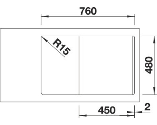 Technische Zeichnung einer Spüle mit Maßen