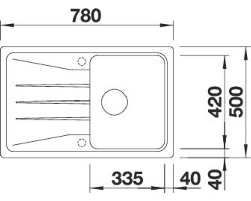 Zeichnung einer Spüle mit den Massen 780 x 500 Millimeter.